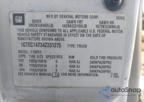 2004 GMC Sierra 1500 z USA, uszkodzony, nr VIN 1GTEC14T34Z331275